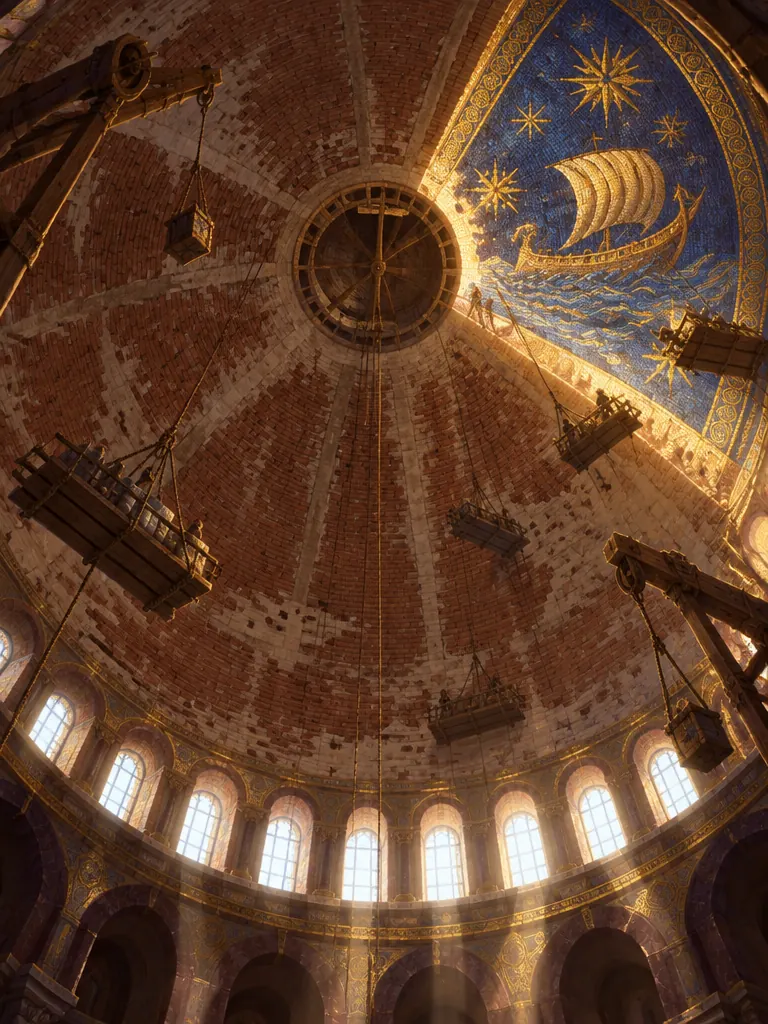 Pandangan ke atas ke dalam The Hagion Dome yang sedang dipulihkan: bata telanjang, tali dan keranjang gantung, satu sektor sudah berkilau emas dengan gambar kapal.
